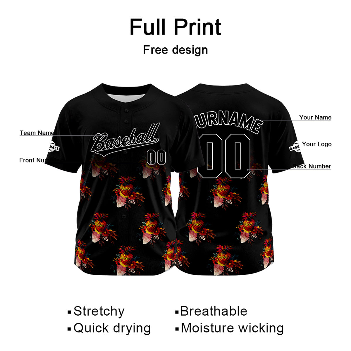 Camiseta de béisbol negra personalizada con nombre número y logotipo personalizados