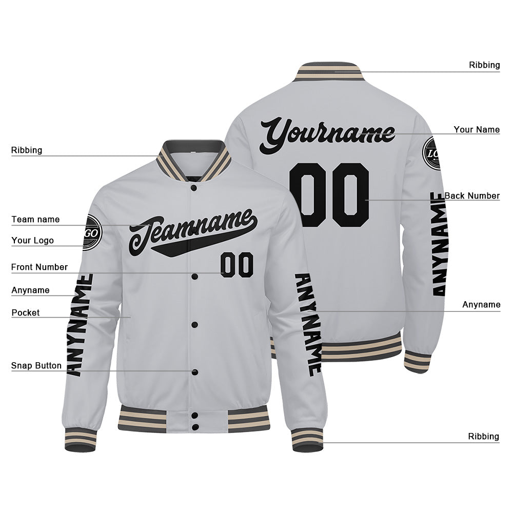 Chaquetas universitarias personalizadas en gris y negro para hombres & mujeres y jóvenes & Chaquetas Letterman personalizadas