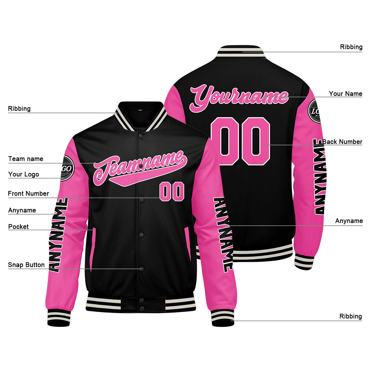 Chaquetas universitarias personalizadas en negro y rosa para hombres & mujeres y jóvenes & Chaquetas Letterman personalizadas