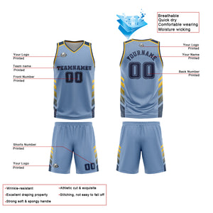 Uniforme de baloncesto personalizado azul y amarillo con tu logotipo-nombre y número impresos