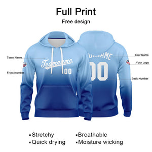 Sudadera con capucha personalizada con degradado para hombre-mujer-niña o niño Estampa tu logotipo-nombre o número en azul claro y blanco