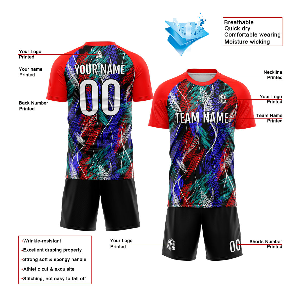 Conjunto personalizado de camiseta de uniforme negra y roja para niños y adultos