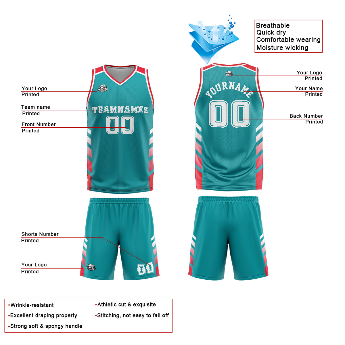 Uniforme de baloncesto personalizado de color rojo cian con tu logotipo-nombre y número impresos