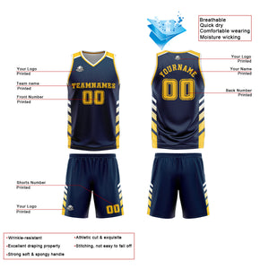 Uniforme de baloncesto personalizado azul marino y amarillo con tu logotipo-nombre y número impresos