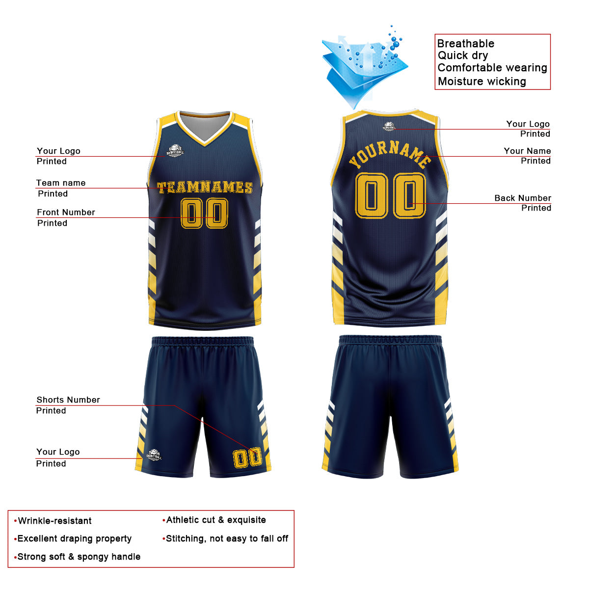 Uniforme de baloncesto personalizado azul marino y amarillo con tu logotipo-nombre y número impresos