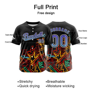 Camiseta de béisbol personalizada negra y morada con botones para hombre mujer adulto y joven con nombre número y logotipo impresos