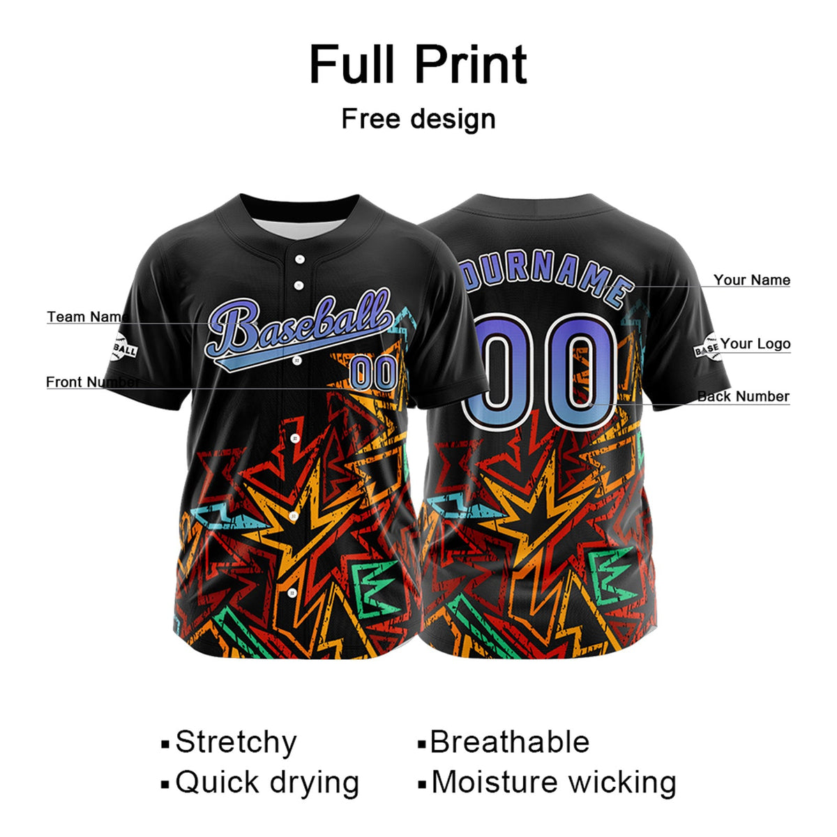 Camiseta de béisbol personalizada negra y morada con botones para hombre mujer adulto y joven con nombre número y logotipo impresos