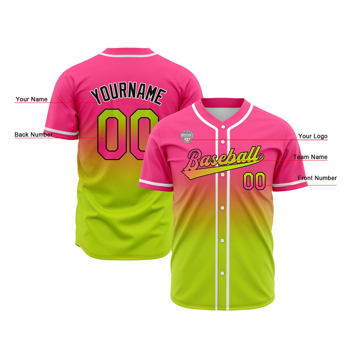 Camisetas de béisbol personalizadas con degradado nombre número y logotipo