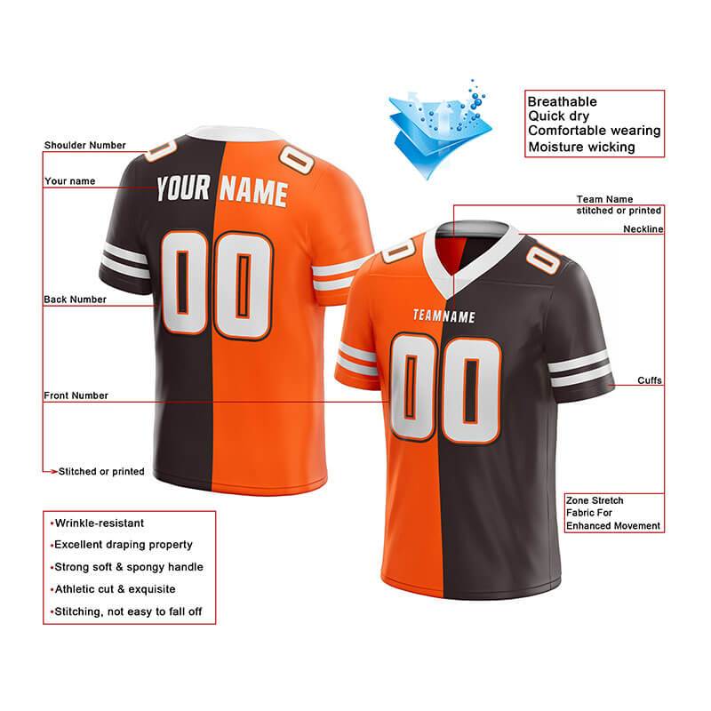 custom authentic split fashion football jersey orange-brown-white mesh