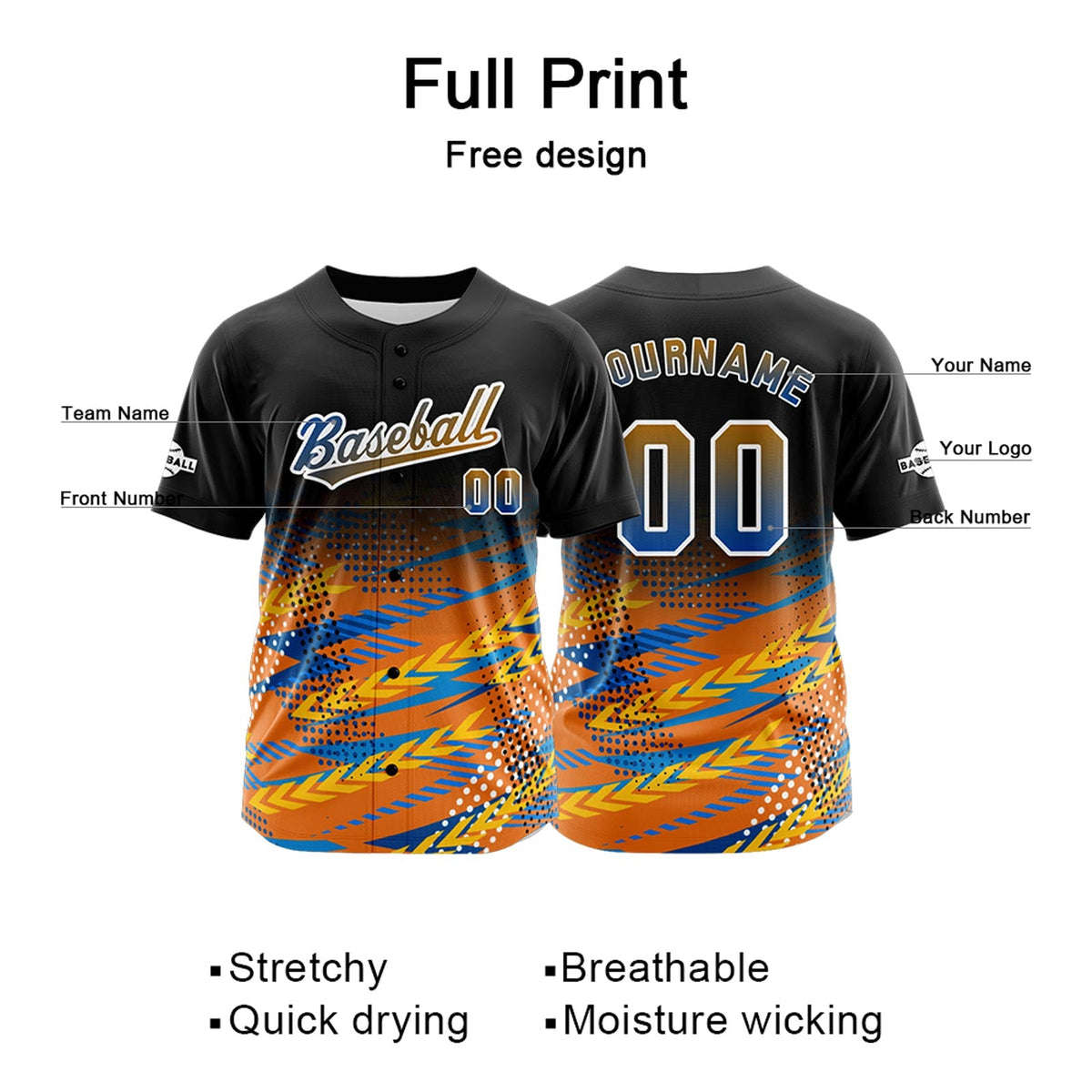 Camiseta de béisbol personalizada negra y naranja con botones para hombre mujer adulto y joven Estampado de nombre número y logotipo