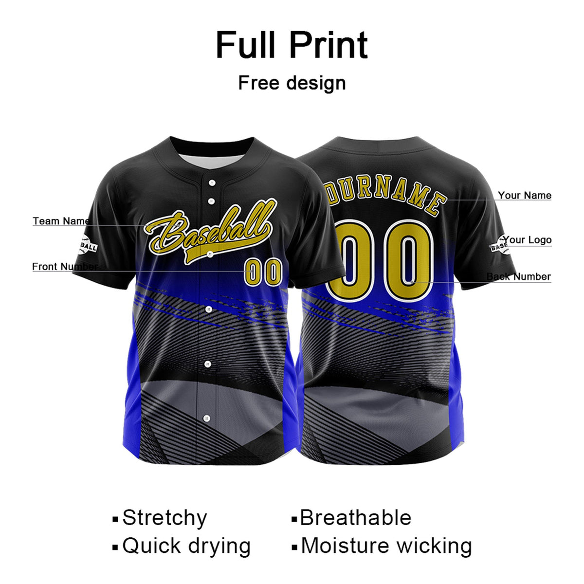 Camiseta de béisbol azul personalizada con botones para hombre mujer adulto y joven Estampado de nombre número y logotipo