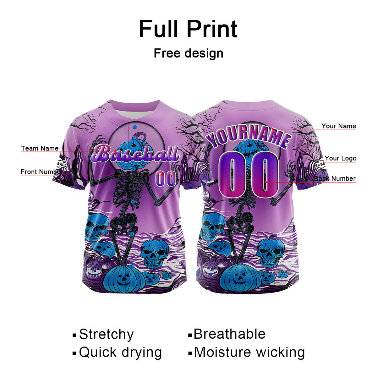 Camiseta de béisbol morada personalizada con botones para hombre mujer adulto y joven Estampado de nombre número y logotipo