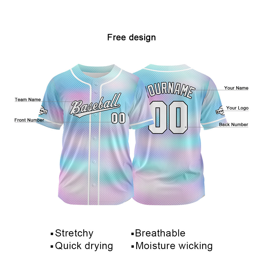 Camiseta de béisbol con dise?o personalizado estampado completo color morado claro-azul claro
