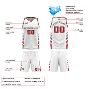 Uniforme de baloncesto personalizado blanco y rojo con tu logotipo-nombre y número impresos