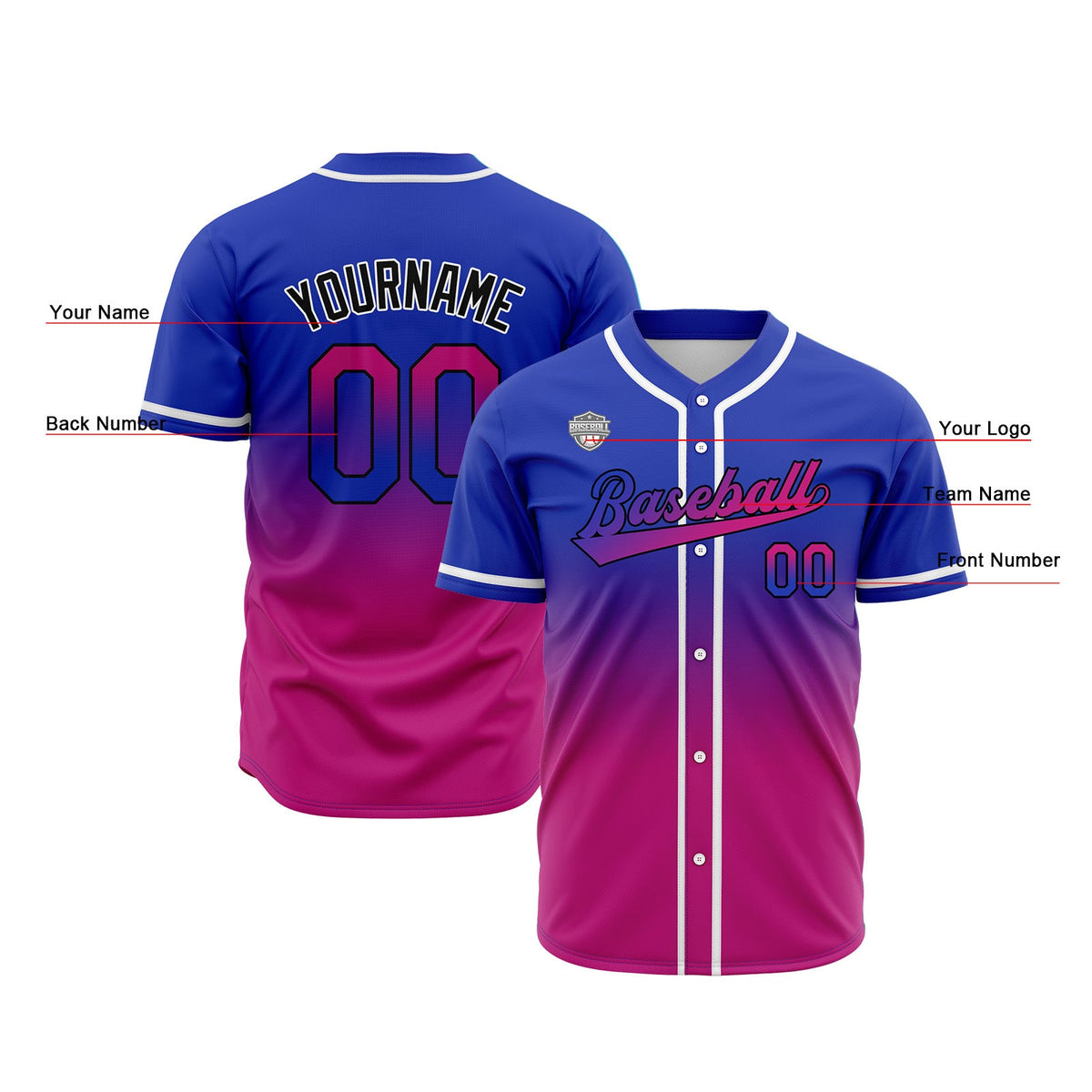 Camisetas de béisbol personalizadas con degradado nombre número y logotipo