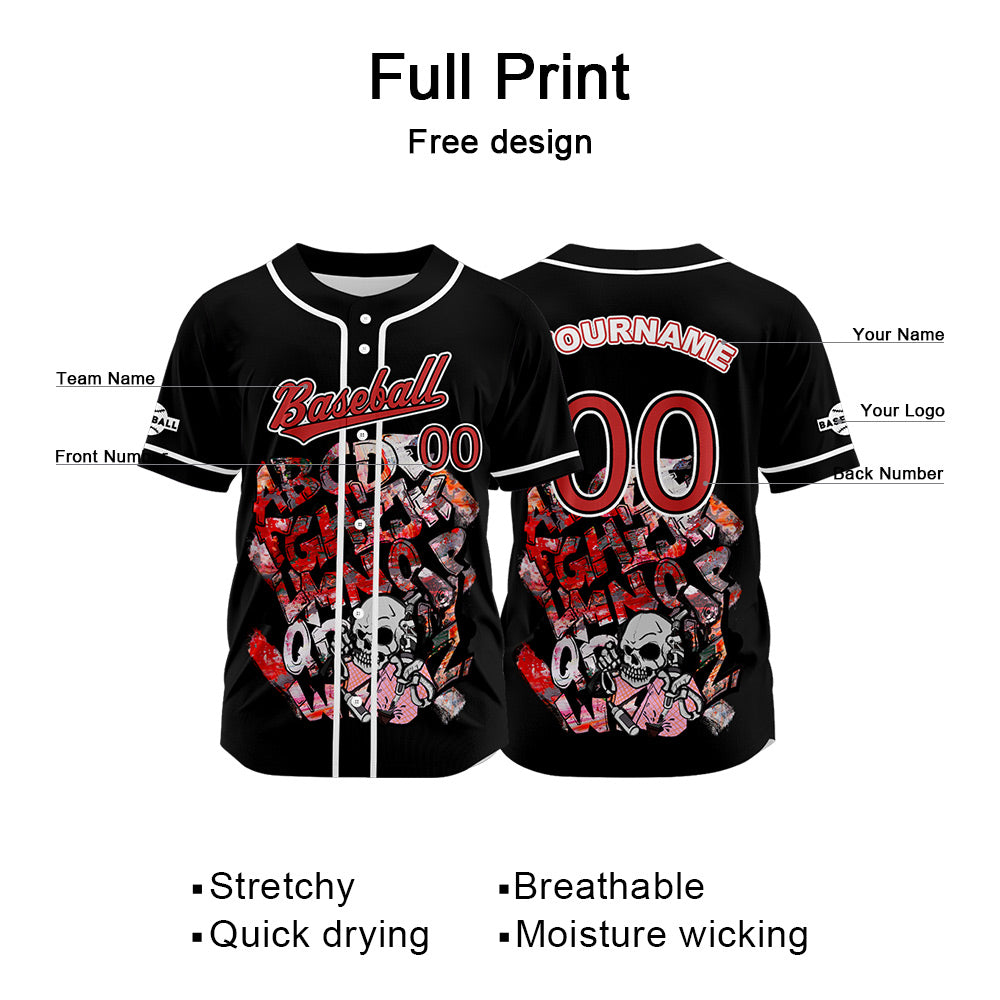 Camiseta de béisbol negra personalizada con botones para hombre mujer adulto y joven Nombre número y logotipo impresos