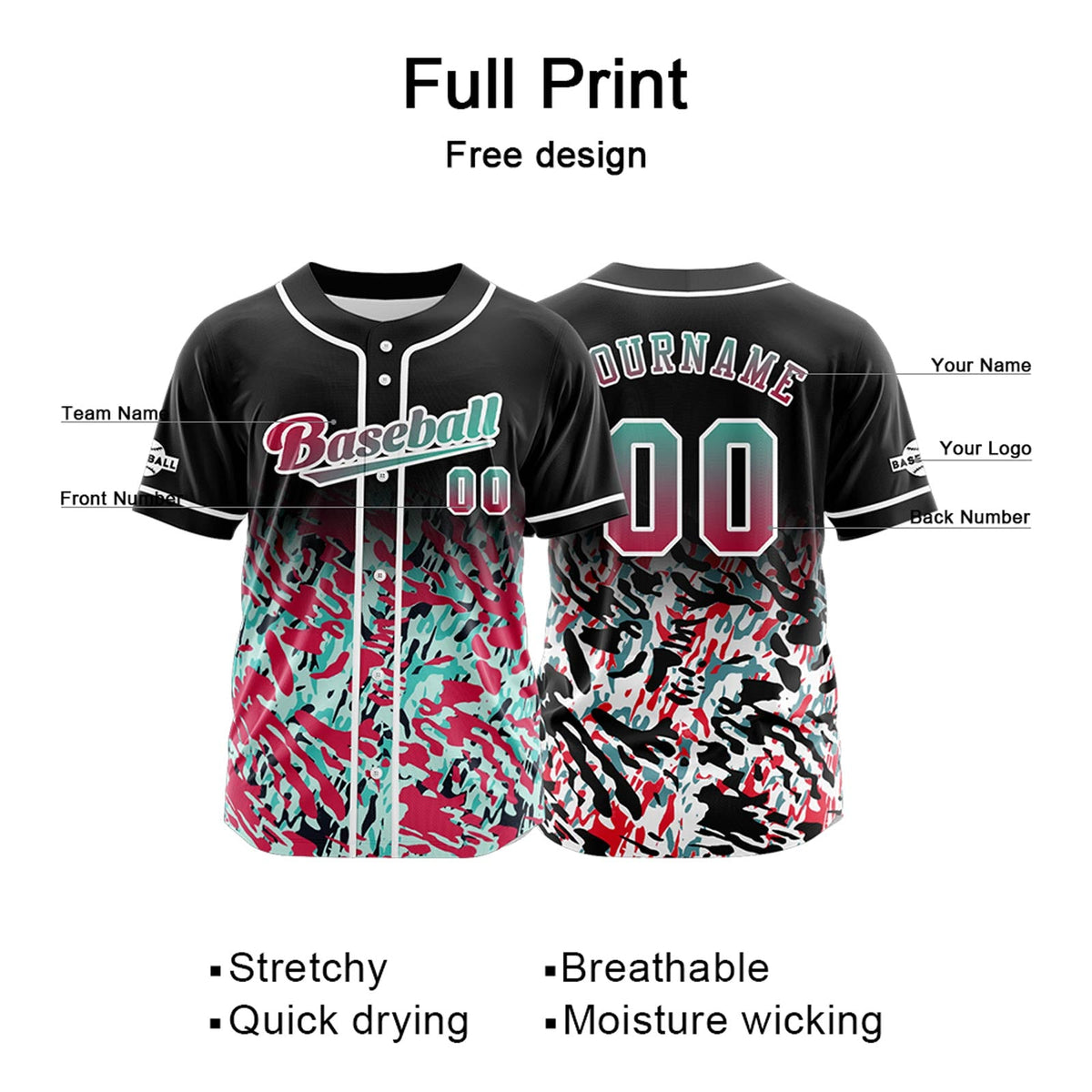 Camiseta de béisbol personalizada negra y roja con botones para hombre mujer adulto y joven Nombre número y logotipo impresos