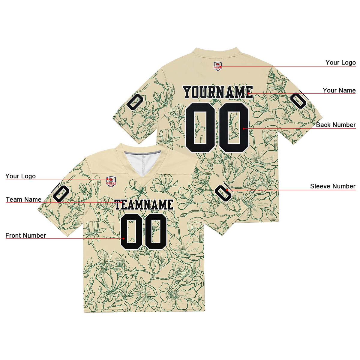 Camiseta de fútbol personalizada con nombre y número del equipo bordados-color crema y verde