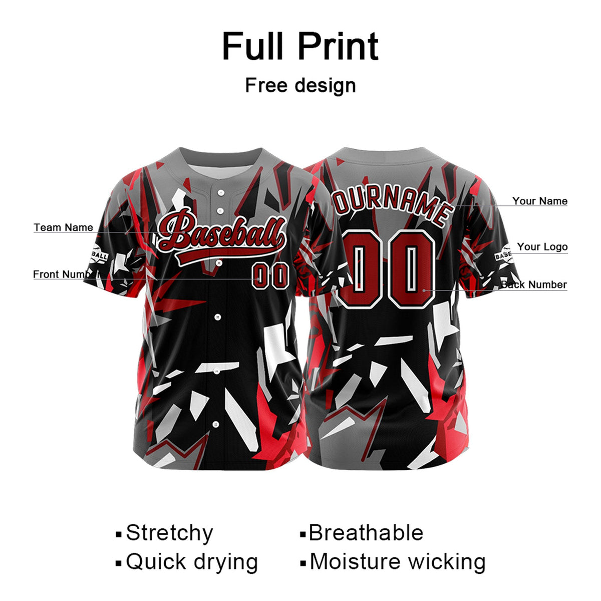 Camiseta de béisbol negra personalizada con botones para hombre mujer adulto y joven Nombre número y logotipo impresos