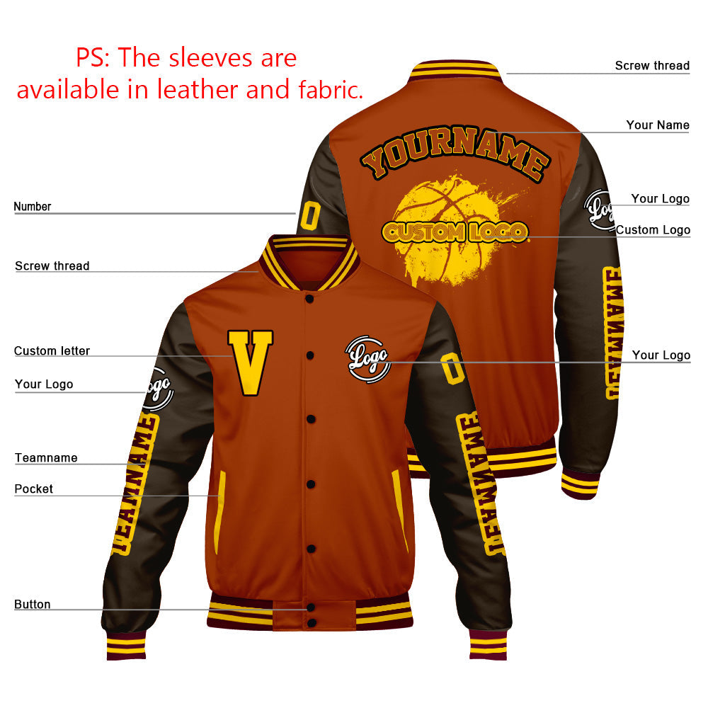 Chaquetas universitarias personalizadas de color naranja mate y marrón para hombres & mujeres y jóvenes & Chaquetas Letterman personalizadas
