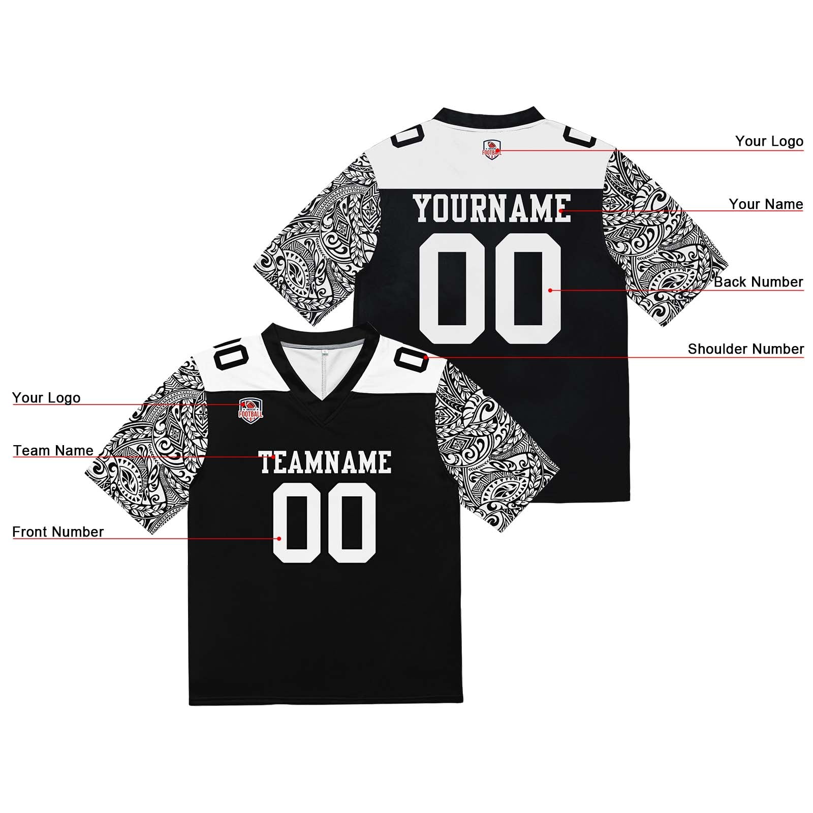 Camiseta de fútbol personalizada con nombre y número del equipo impresos y bordados-en blanco y negro