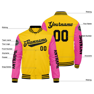 Chaquetas universitarias personalizadas en amarillo & rosa y negro para hombres & mujeres y jóvenes & Chaquetas tipo Letterman personalizadas