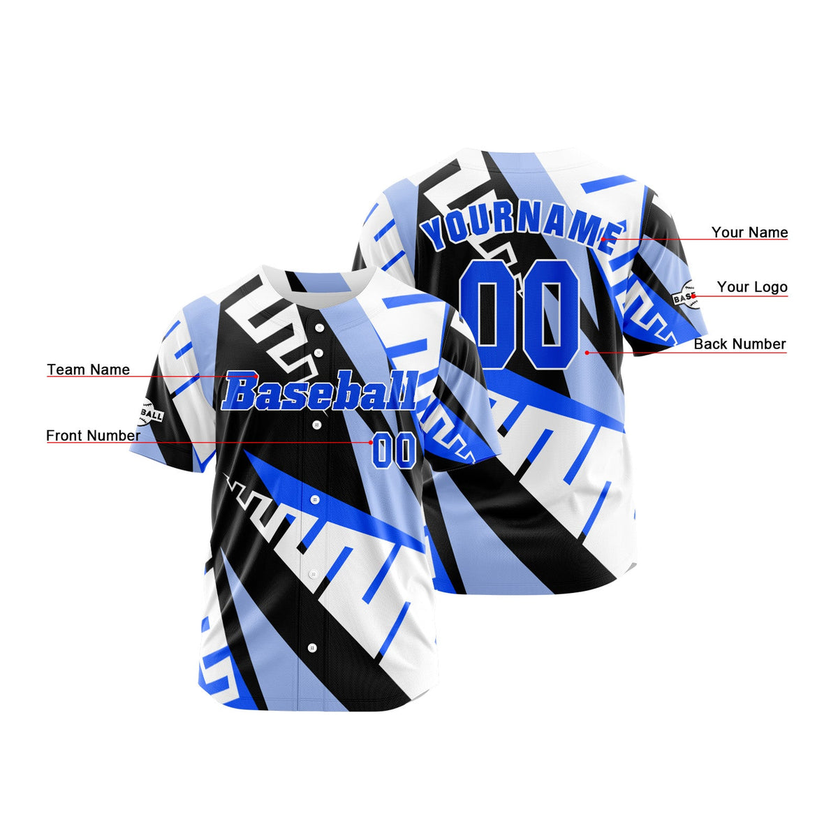 Camiseta de béisbol azul personalizada con botones para hombre mujer adulto y joven Nombre número y logotipo impresos