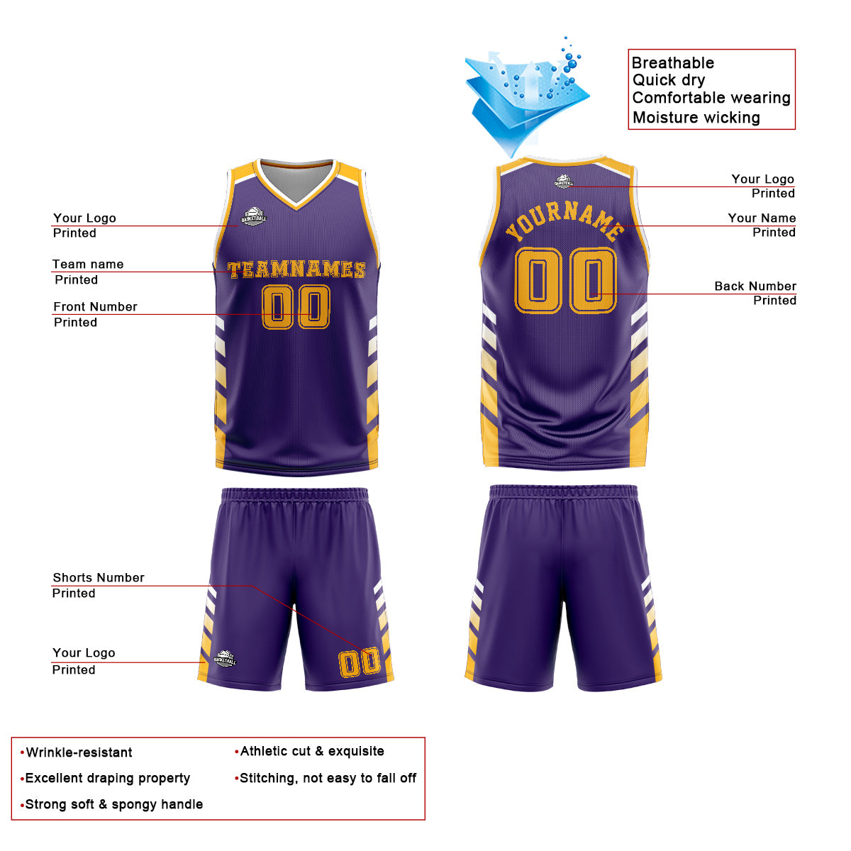 Uniforme de baloncesto personalizado en color morado y amarillo con tu logotipo-nombre y número impresos