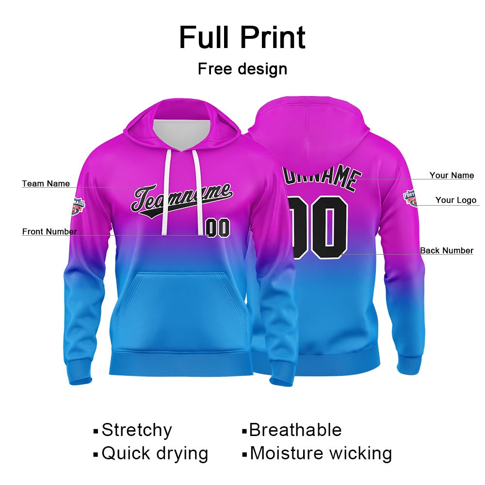 Sudadera con capucha personalizada con degradado para hombre-mujer-niña o niño Estampa tu logotipo-nombre o número en rosa-morado y azul