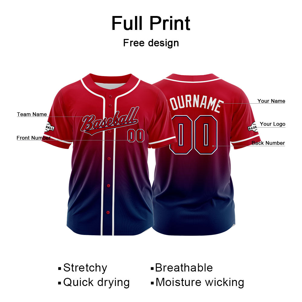 Camiseta de béisbol con dise?o personalizado estampado completo azul marino y rojo