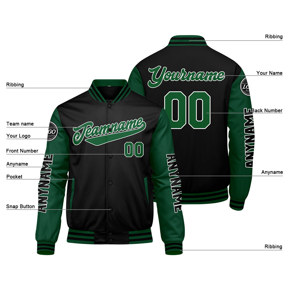 Chaquetas universitarias personalizadas en verde y negro para hombres & mujeres y jóvenes & Chaquetas Letterman personalizadas