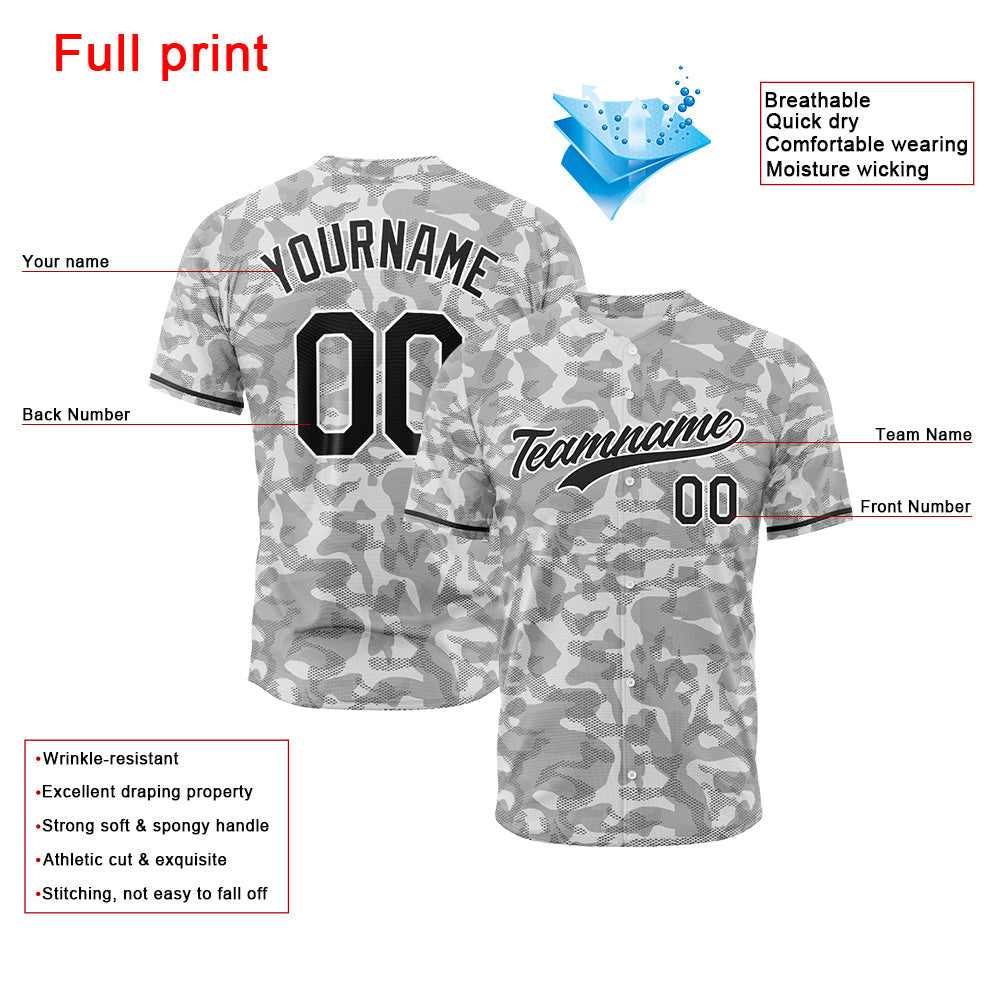 Camiseta de béisbol con dise?o personalizado de estampado completo camuflaje gris