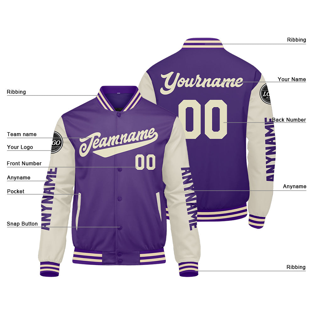 Chaquetas universitarias personalizadas color crema púrpura para hombres & mujeres y jóvenes & Chaquetas Letterman personalizadas