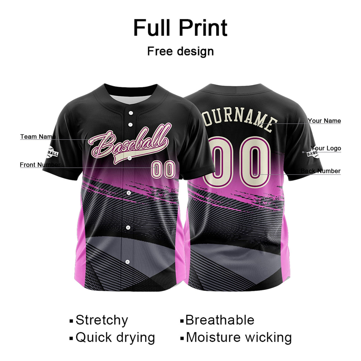 Camiseta de béisbol rosa personalizada con botones para hombre mujer adulto y joven Estampado de nombre número y logotipo
