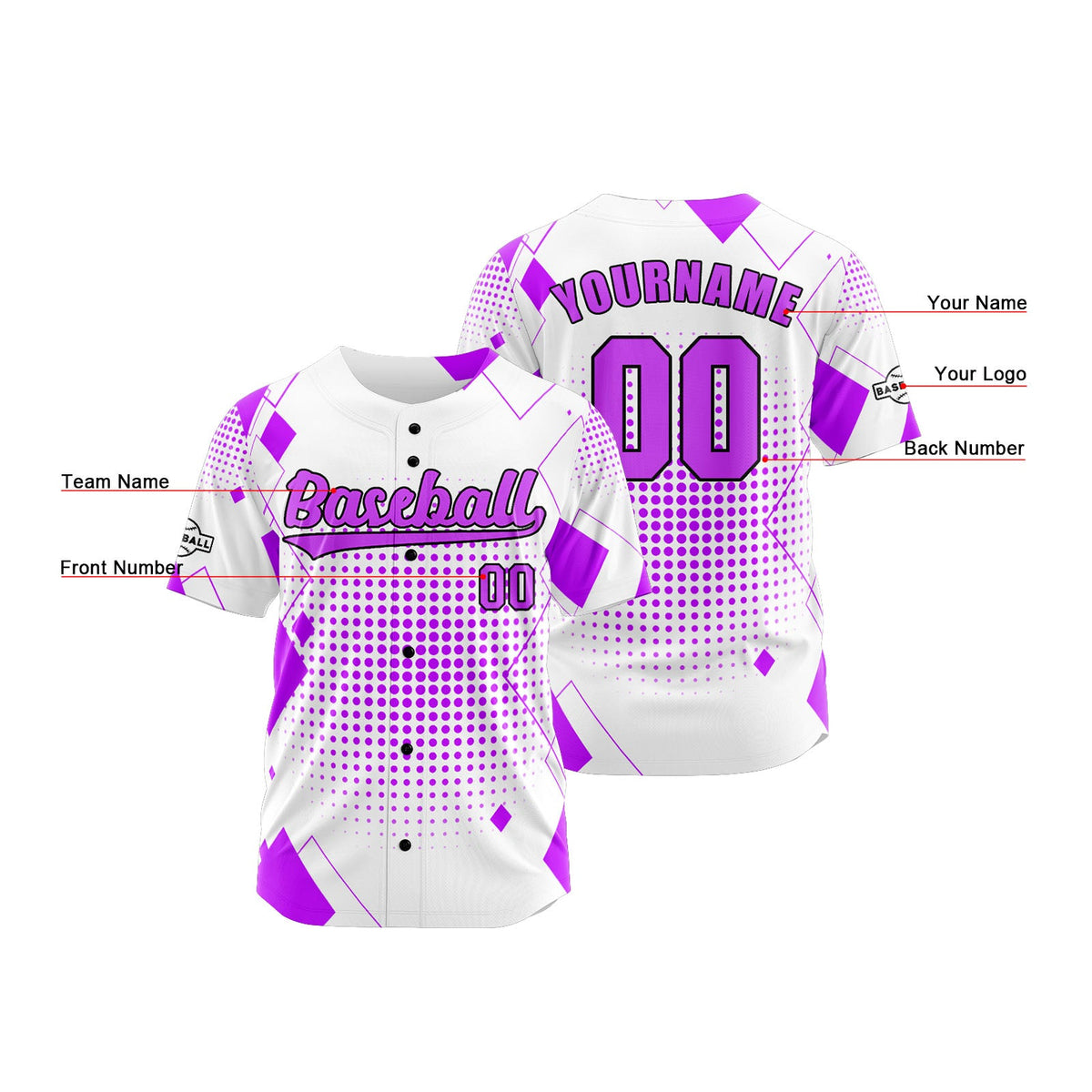 Camiseta de béisbol personalizada blanca y morada con botones para hombre mujer adulto y joven Estampado de nombre número y logotipo