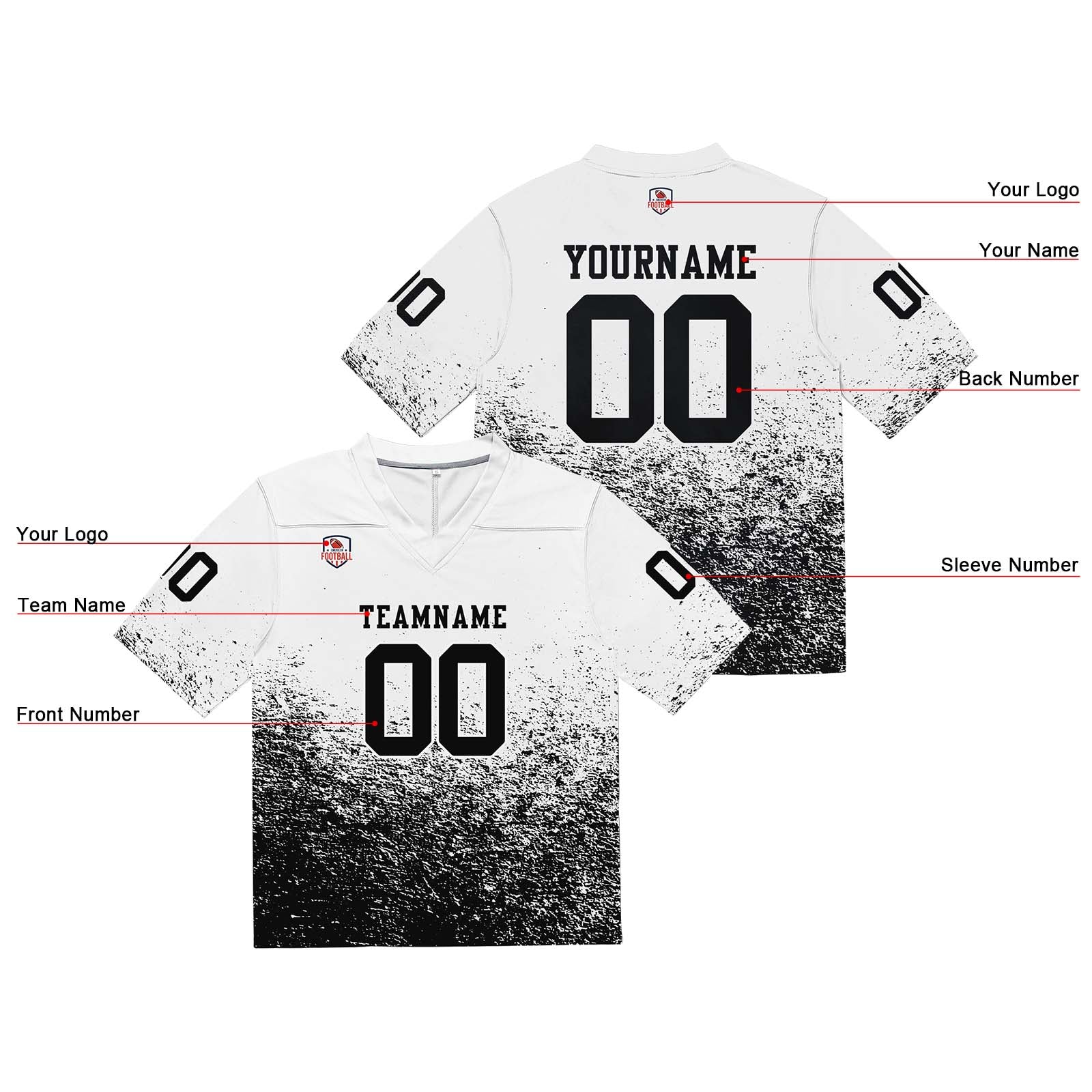 Camiseta de fútbol personalizada con nombre y número del equipo impresos y bordados-color blanco y negro
