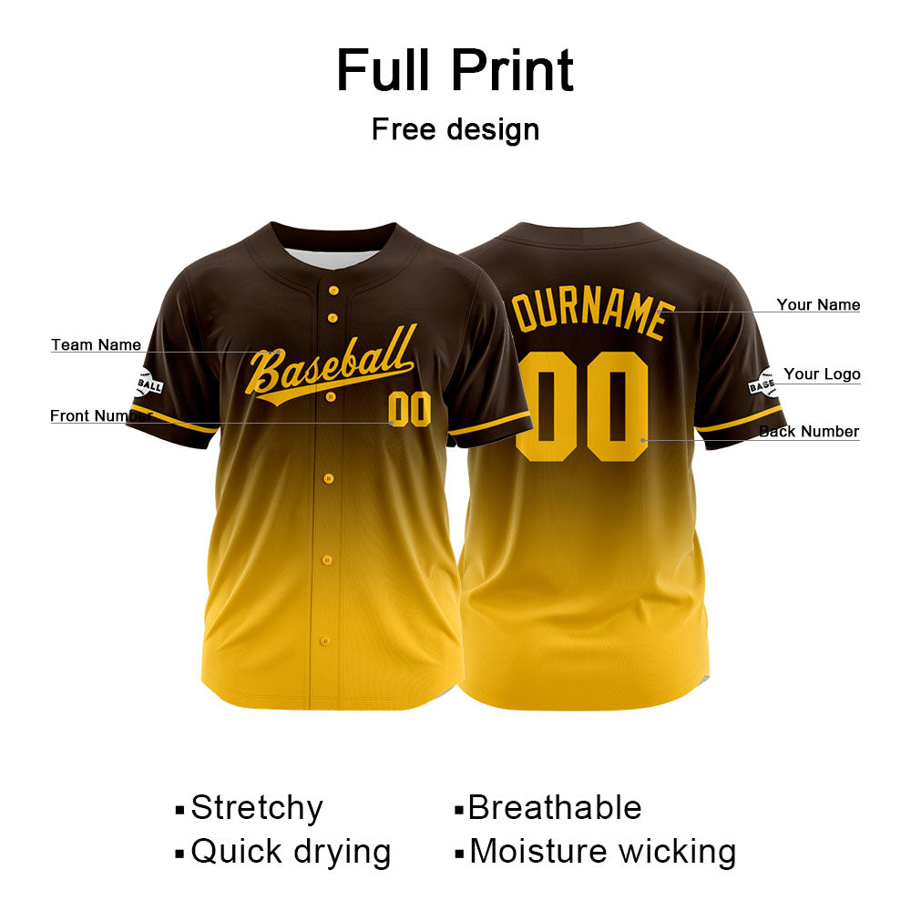 Camiseta de béisbol con dise?o personalizado estampado a todo color amarillo-marrón