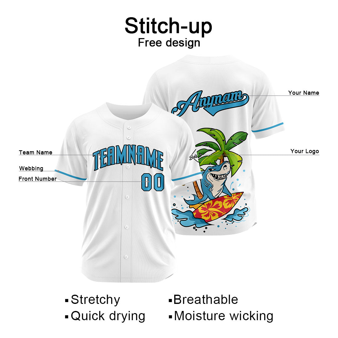 Uniformes de béisbol personalizados Surfing Shark-White de alta calidad para adultos y niños & optimizados para el rendimiento