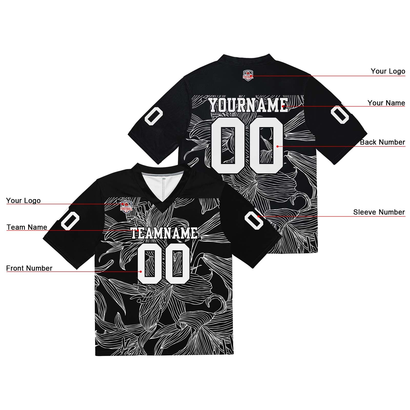Camiseta de fútbol personalizada con nombre y número del equipo impresos y bordados-color negro