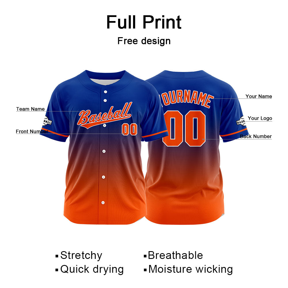 Camiseta de béisbol con dise?o personalizado estampado completo color naranja y azul