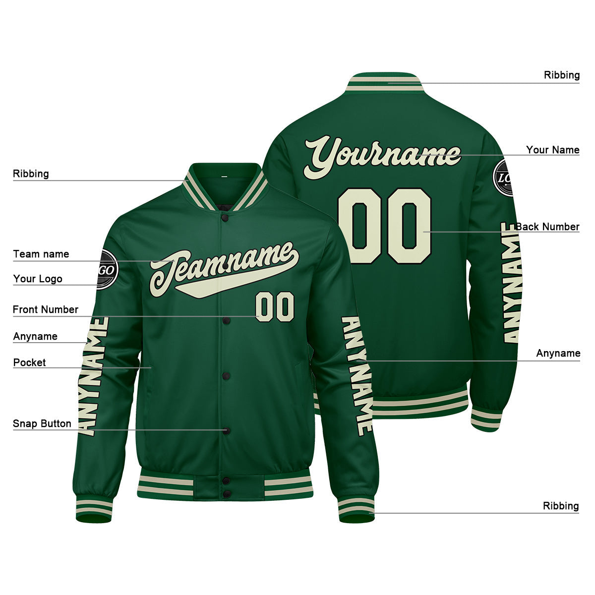 Chaquetas universitarias personalizadas de color verde crema para hombres & mujeres y jóvenes & Chaquetas Letterman personalizadas