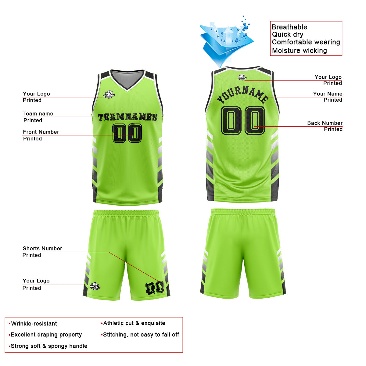 Uniforme de baloncesto personalizado verde y negro con tu logotipo-nombre y número impresos
