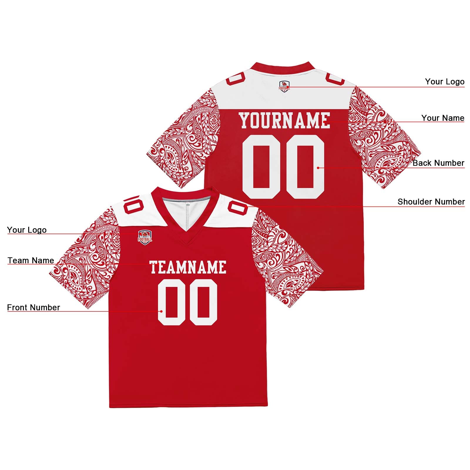 Camiseta de fútbol personalizada con nombre y número del equipo impresos y bordados-color rojo y blanco