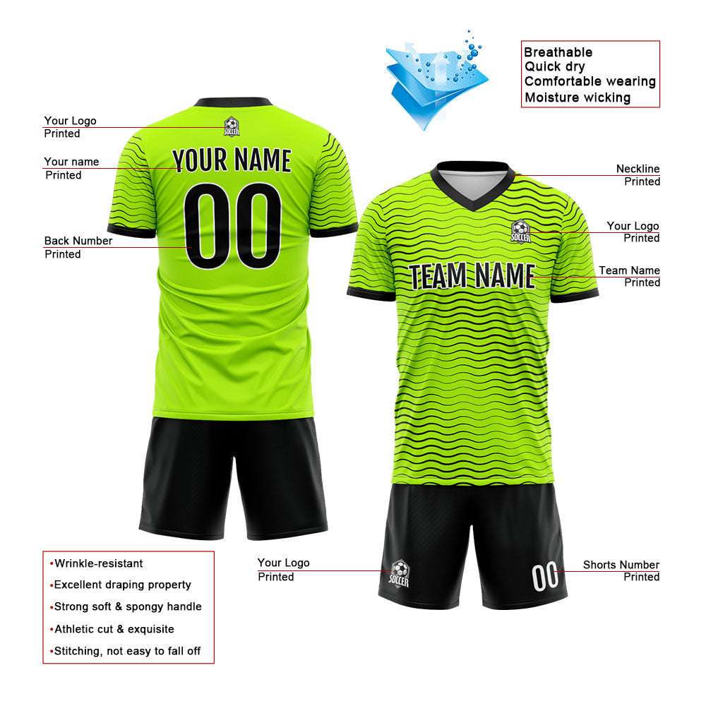 Uniforme de fútbol personalizado para niños y adultos & conjunto personalizado & camiseta verde neón y negra con ondas