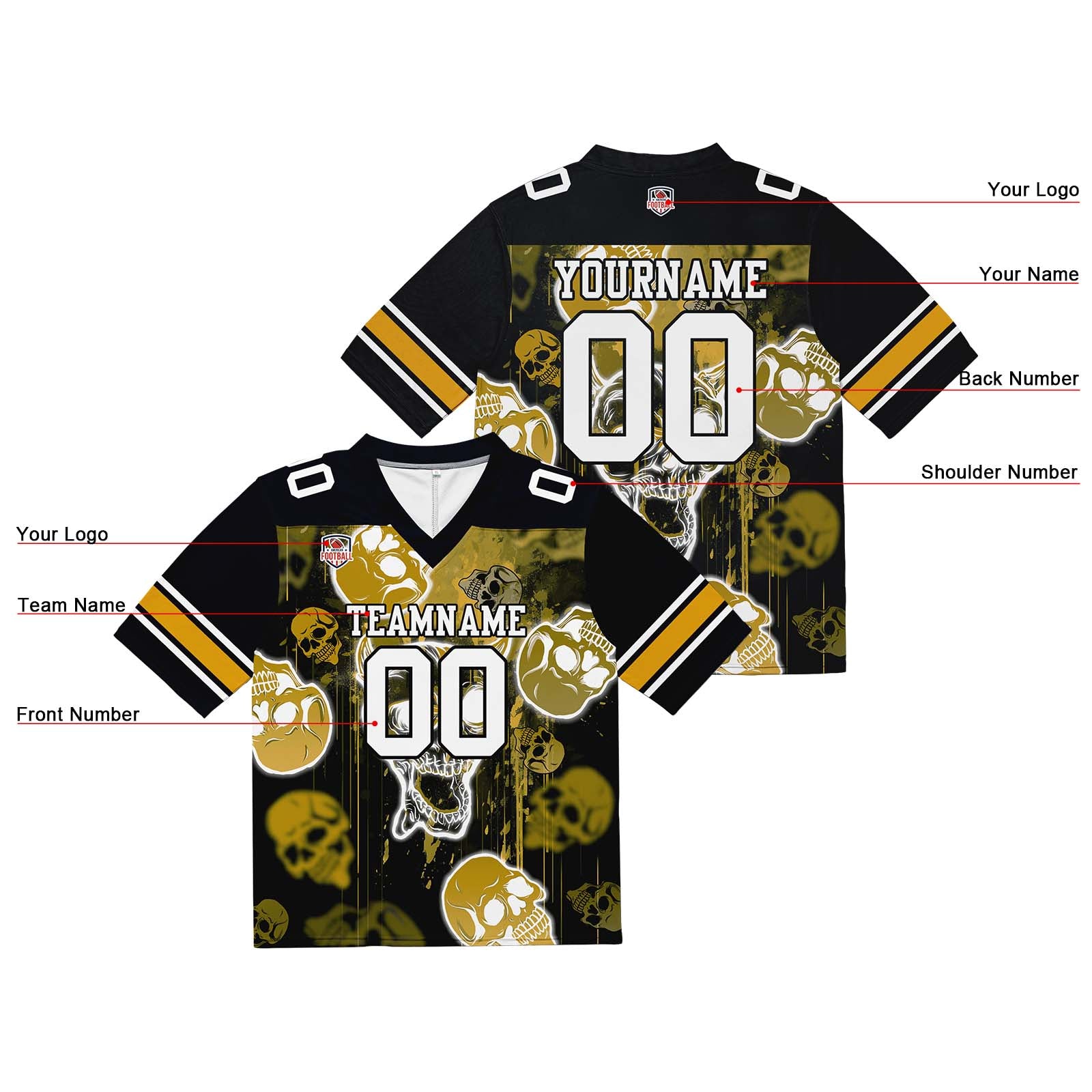 Camiseta de fútbol personalizada con nombre y número del equipo bordados y estampados-estilo grafiti con calavera dorada