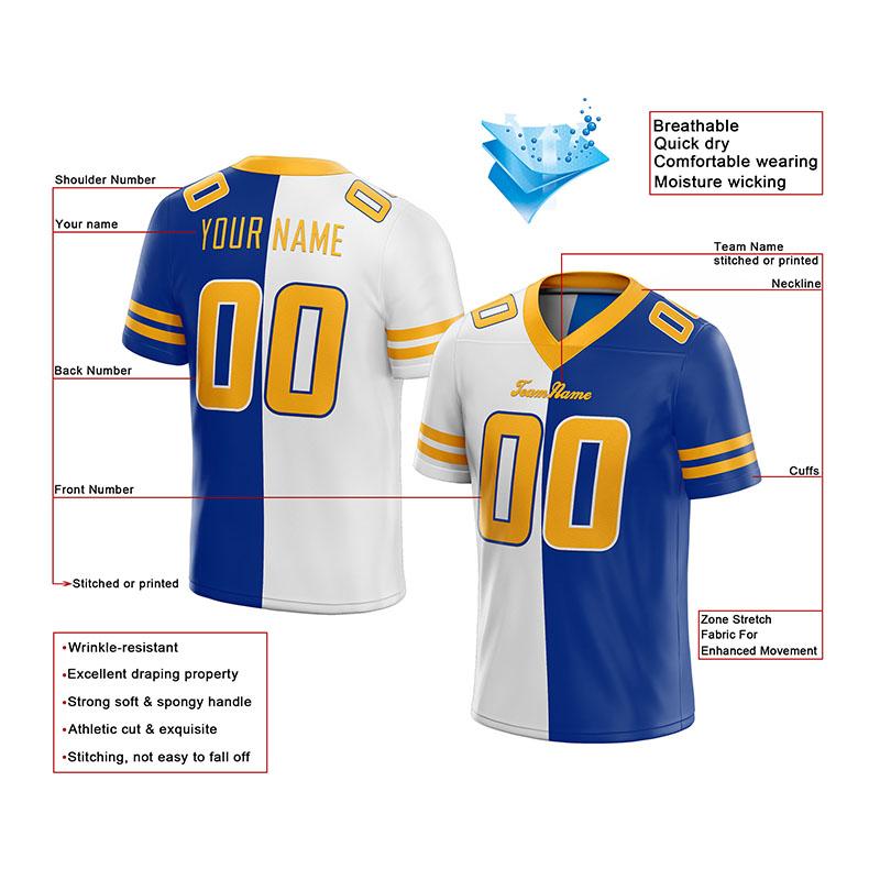 custom authentic split fashion football jersey navy-white-gold mesh