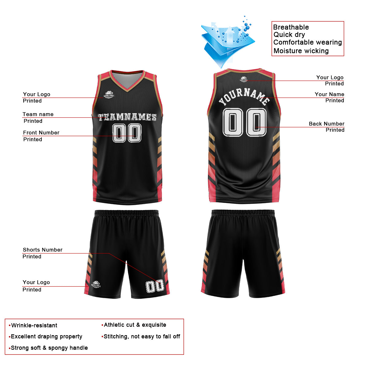 Uniforme de baloncesto personalizado en negro y rojo con tu logotipo-nombre y número impresos