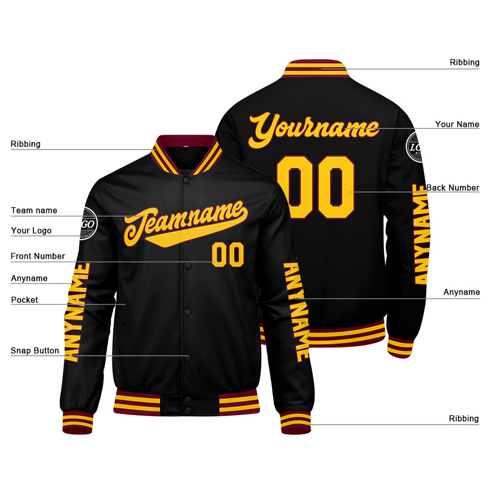 Chaquetas universitarias personalizadas en color carmesí & negro y amarillo para hombres & mujeres y jóvenes & Chaquetas tipo Letterman personalizadas