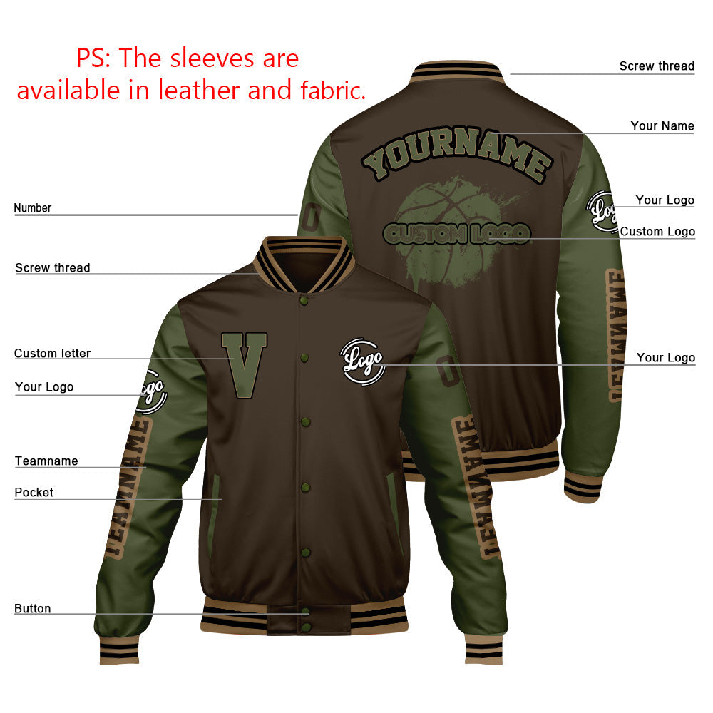Chaquetas universitarias personalizadas en color marrón y verde oliva para hombres & mujeres y jóvenes & Chaquetas Letterman personalizadas