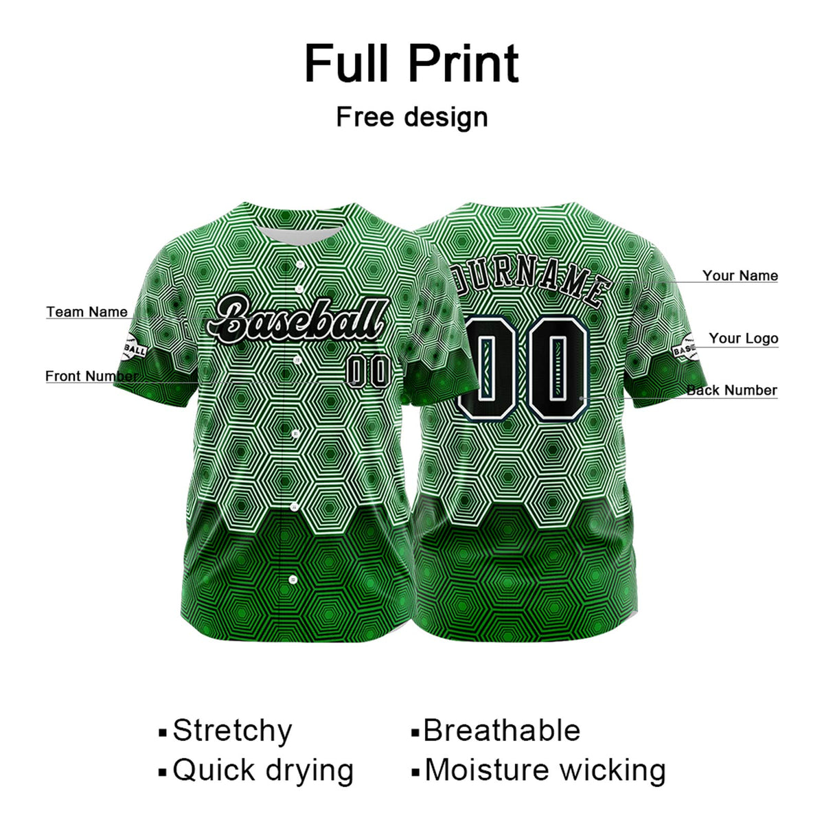 Camiseta de béisbol verde personalizada con botones para hombre mujer adulto y joven Nombre número y logotipo impresos